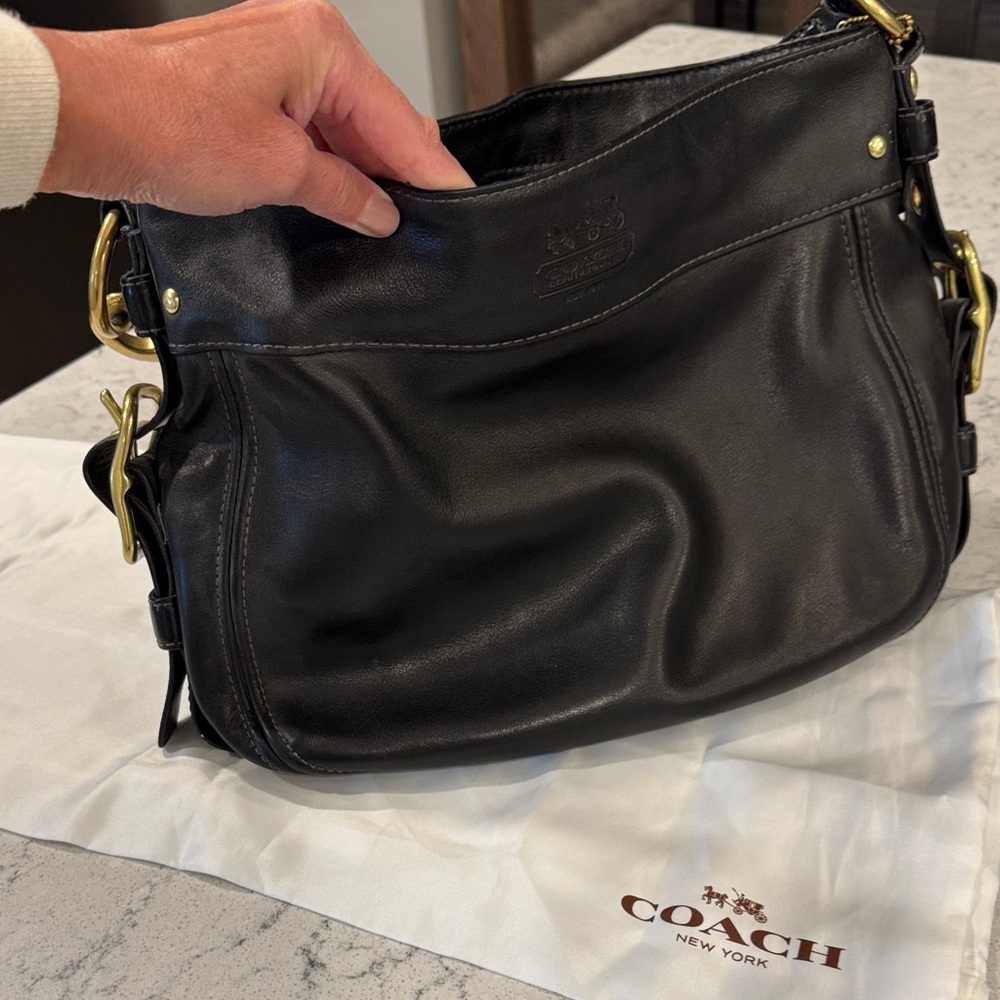 Coach Black Leather Shoulder Bag with Gold Accents